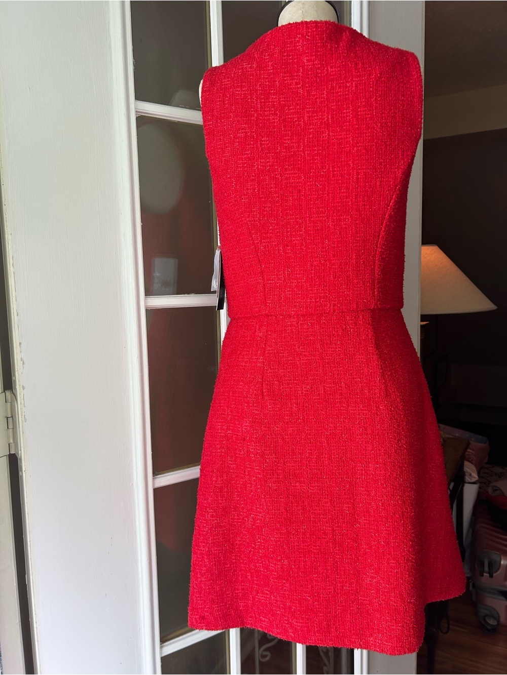 Taylor cherry Red shimmer Tweed Sleeveless rhinestone button cocktail dress. - Picture 3 of 13